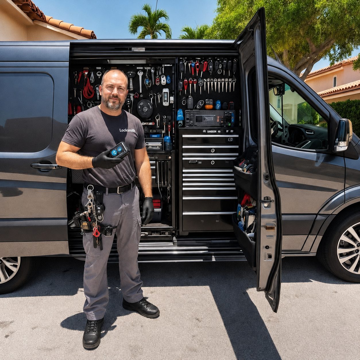 HVAC technician beside a service van with duct-cleaning equipment