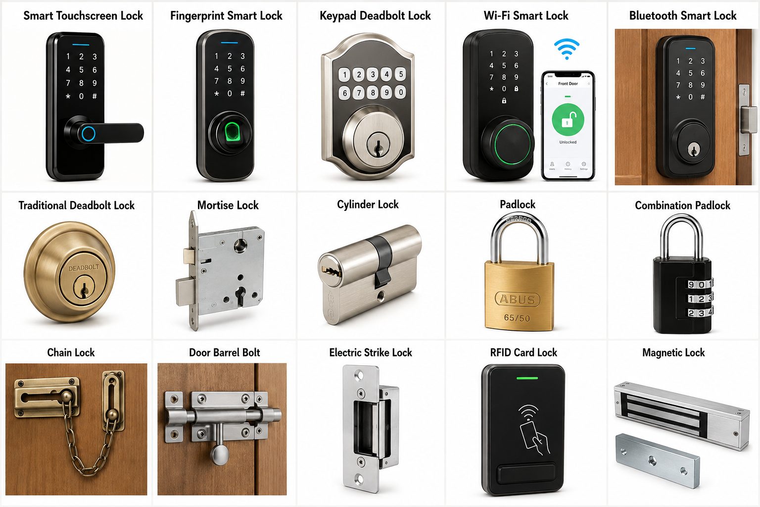 Grid of lock types including smart locks, deadbolts and padlocks