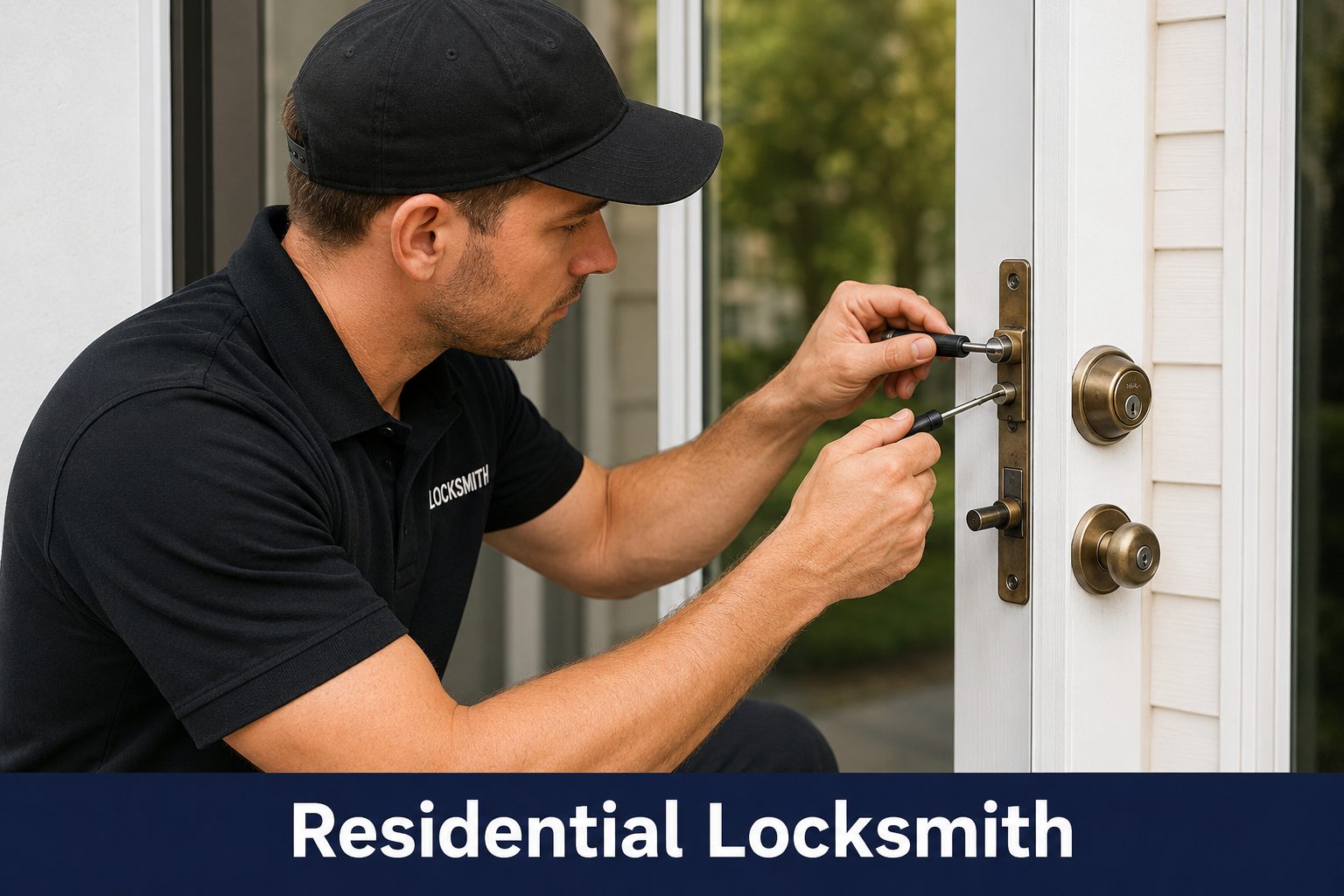 Locksmith rekeying a residential deadbolt on a front door