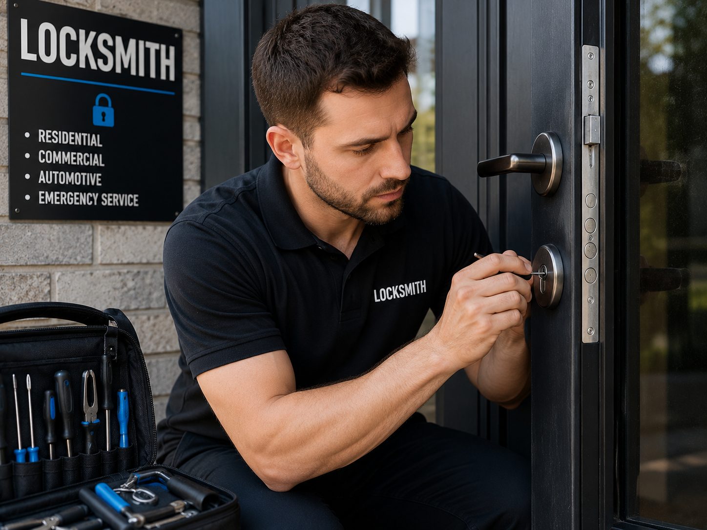 Locksmith working on a door lock with tools
