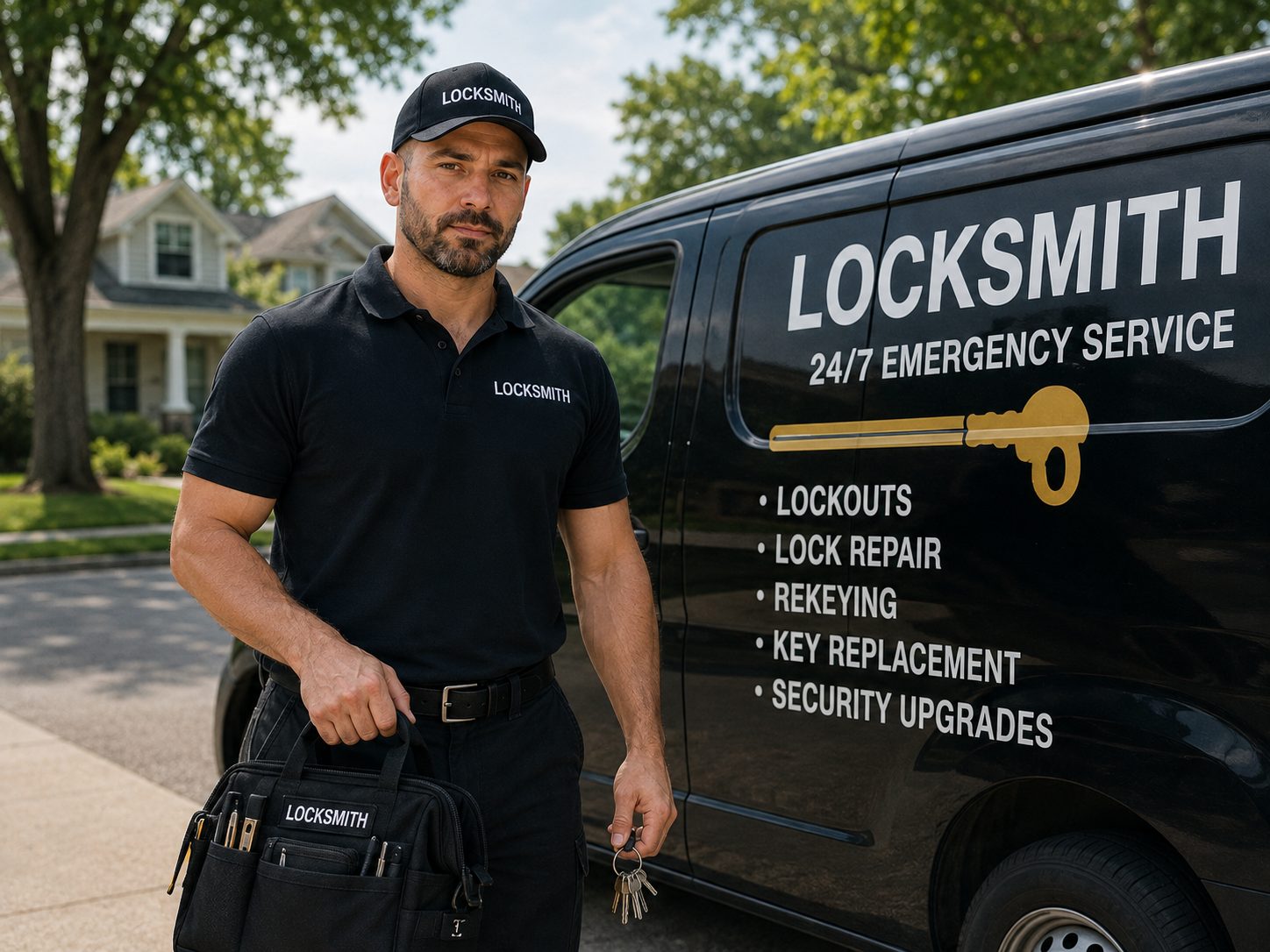Locksmith beside a 24-hour emergency service van