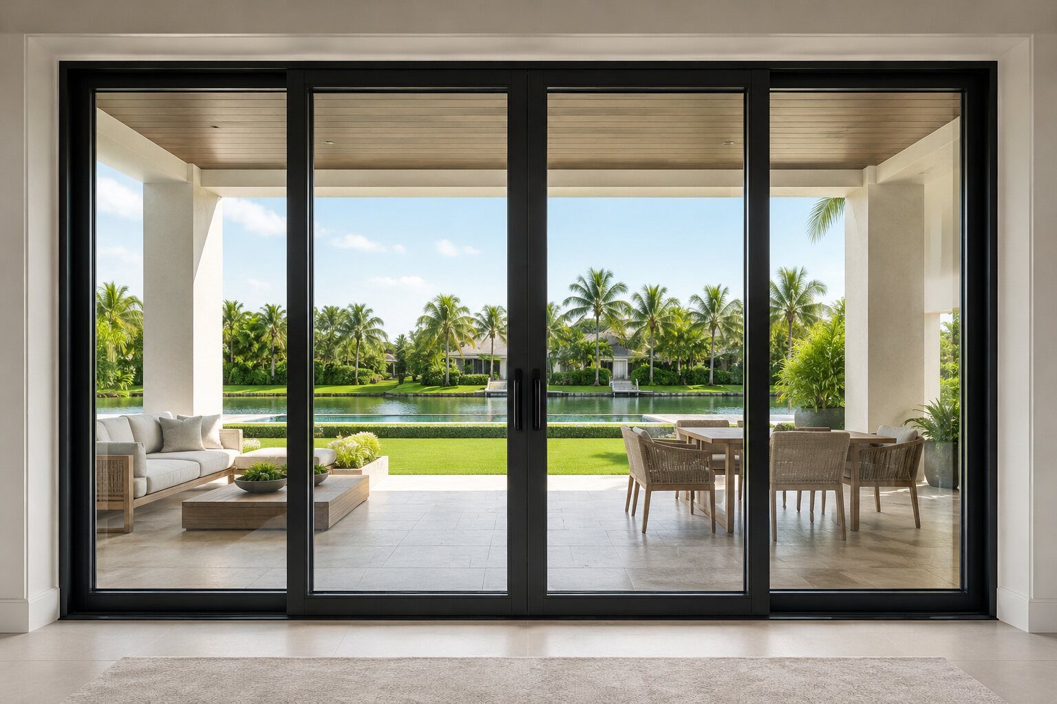 Sliding glass patio doors opening to a Florida backyard